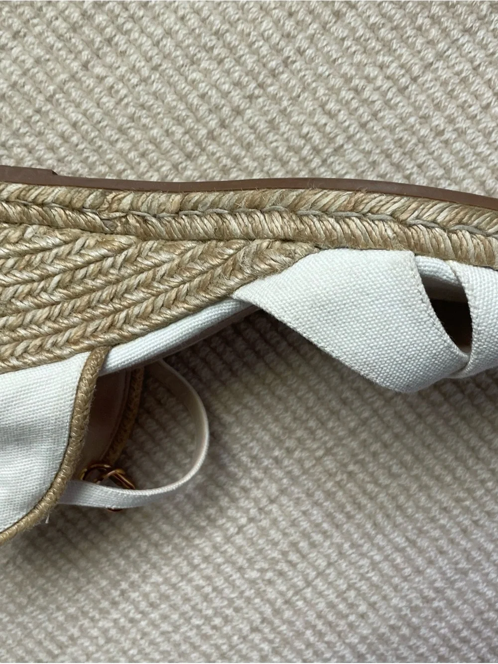 Stuart Weitzman Cream Canvas Espadrille Wedge Sandals with Gold Buckle - Picture 3 of 4